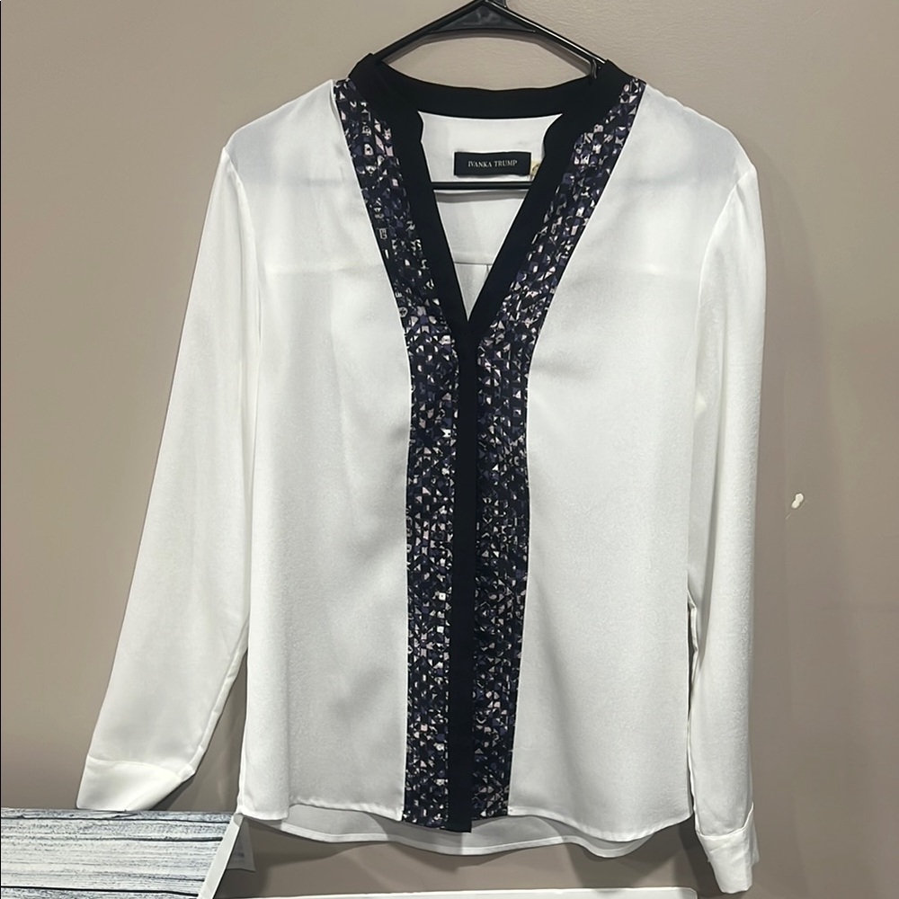 Ivanka Trump White Blouse with Black Patterned Trim